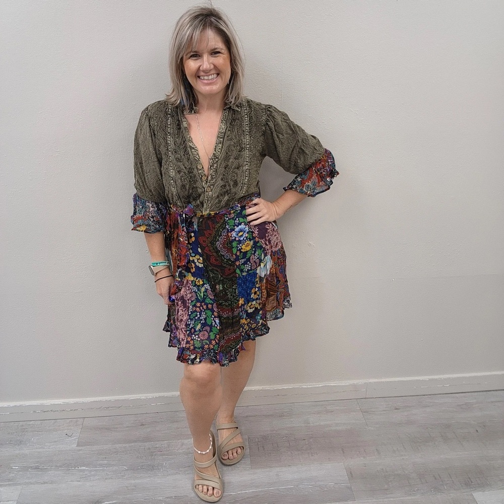 YoungThreads Boho Olive Green Floral Patchwork Mini Dress